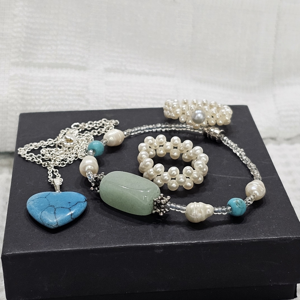 Pearl and Turquoise Bracelet, Necklace, and Ring Jewelry Bundle Set - Picture 10 of 15